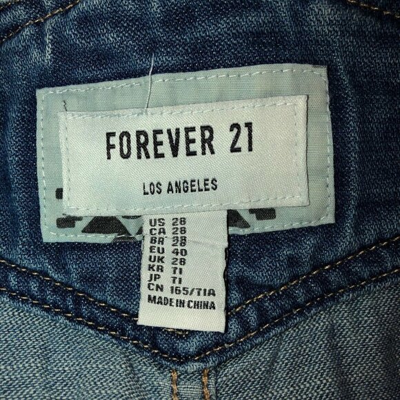 FOREVER 21 Distressed Denim W/ Pockets Embroidered Overall Jean Shorts - Picture 9 of 10